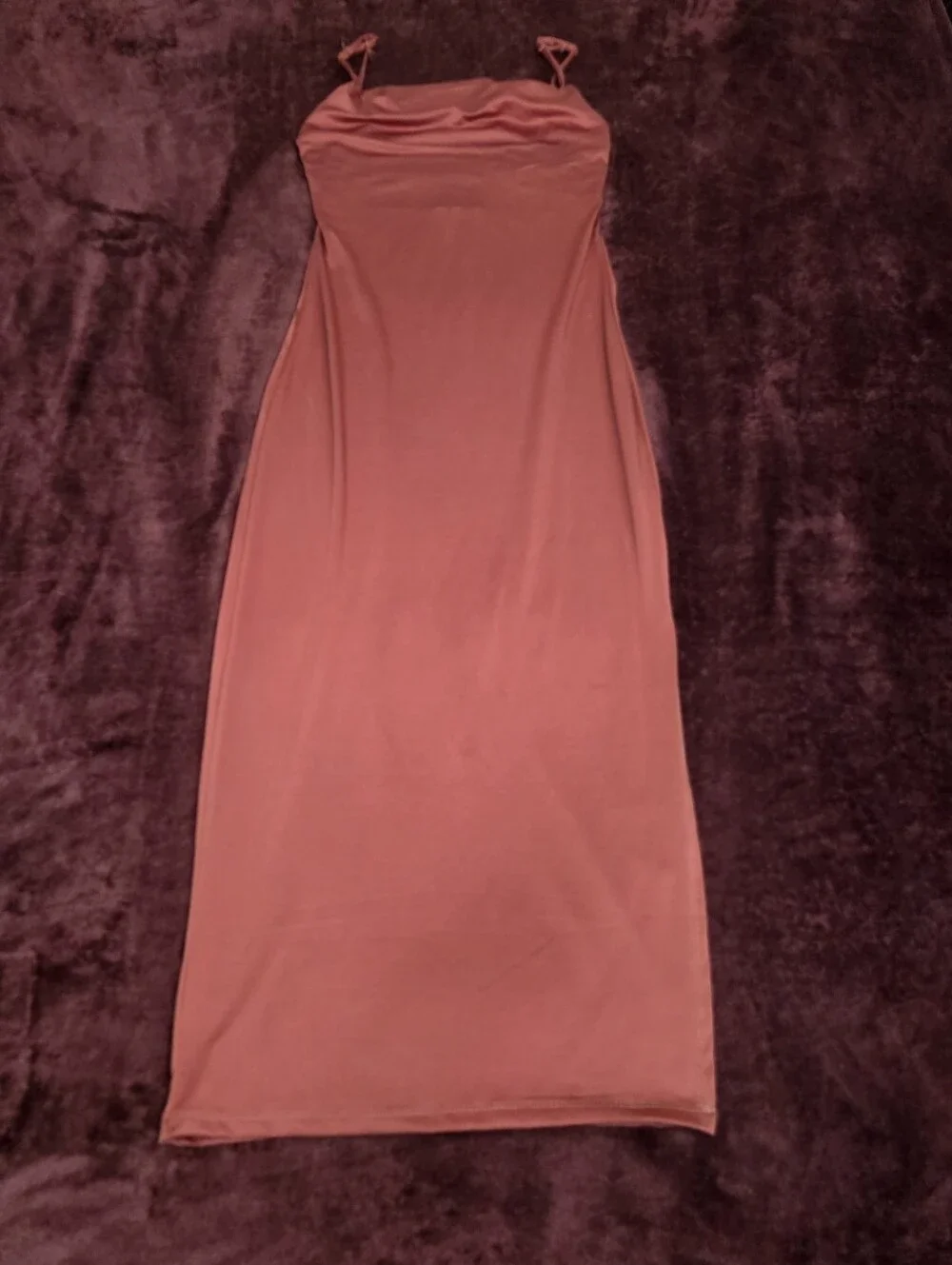 VIBE COWL NECK MIDI SLIP DRESS